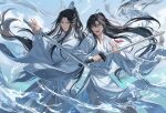  2boys artist_name bangs bishounen black_hair blue_sky chinese_clothes closed_mouth cloud commentary_request day expressionless floating_hair hair_ornament hair_ribbon hand_up hands_up hanfu headband high_ponytail holding holding_sword holding_weapon lan_wangji long_hair long_sleeves looking_at_another looking_at_viewer male_focus mo_dao_zu_shi multiple_boys open_mouth outdoors pants parted_bangs ponytail red_ribbon ribbon robe sash sidelocks sideways_glance sky smile standing sword teeth twitter_username usagishi very_long_hair water watermark weapon wei_wuxian white_headband white_pants white_robe white_sash wide_sleeves yellow_eyes 