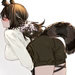  1girl animal_ears arknights ass bare_legs black_shorts blush breasts brown_hair cowboy_shot from_behind highres kochiya_(gothope) large_breasts leaning_forward long_sleeves looking_at_viewer looking_back ponytail raccoon_ears raccoon_girl raccoon_tail robin_(arknights) shirt shorts sideways_glance simple_background solo sweatdrop tail white_background white_shirt yellow_eyes 