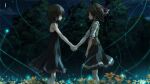 2girls ahoge amatsutsumi bangs bare_arms black_dress black_skirt blurry blurry_foreground blush bow brown_hair brown_vest closed_mouth dress eye_contact field flower flower_field frilled_bow frills frown game_cg hair_between_eyes hair_bow holding_hands long_hair looking_at_another medium_dress medium_skirt minazuki_hotaru_(amatsutsumi) multiple_girls night nightgown outdoors profile red_bow shiny shiny_hair skirt sky sleeveless sleeveless_dress star_(sky) starry_sky tsukimori_hiro vest yellow_flower 