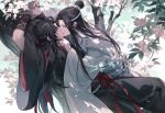  2boys arms_up artist_name bangs bishounen black_hair black_robe blindfold blue_sky branch chinese_clothes closed_eyes commentary_request day eyelashes flower hair_bun hair_ornament hand_on_another&#039;s_chin hanfu headband highres in_tree kiss lan_wangji long_hair long_sleeves lying male_focus mo_dao_zu_shi multiple_boys on_back outdoors parted_bangs pink_flower robe sidelocks single_hair_bun sky tree twitter_username usagishi very_long_hair watermark wei_wuxian white_headband white_robe wide_sleeves xiao_guan_(headdress) yaoi 