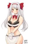  1girl alternate_costume alternate_hairstyle apron black_panties blush bra breasts collarbone dated embarrassed frilled_bra frills gloves hair_ribbon hairband headband highres kantai_collection large_breasts long_hair owa_(ishtail) panties red_headband red_ribbon ribbon shoukaku_(kancolle) signature simple_background solo twintails underwear white_background white_gloves white_hair 