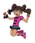  1girl :d bangs blush brown_hair clenched_hand denim denim_shorts elizabeth_(tomas21) eyelashes green_eyes grey_shorts hands_up happy highres looking_at_viewer open_mouth pink_footwear pink_shirt pokemon pokemon_(game) pokemon_xy shauna_(pokemon) shirt shoes short_sleeves shorts simple_background smile solo t-shirt twintails white_background 