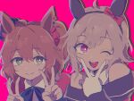  2girls ahoge animal_ears aston_machan_(umamusume) bangs bare_shoulders black_hair bow bowtie bright_pupils brown_hair chromatic_aberration closed_mouth crown curren_chan_(umamusume) drop_shadow gloves green_eyes grey_hair hair_ornament hair_scrunchie hairband hands_up highres horse_ears looking_at_viewer multiple_girls one_eye_closed one_side_up open_mouth purple_eyes rjsn scrunchie short_hair side_ponytail smile umamusume v_over_mouth white_gloves white_pupils 