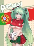  1girl 2022_fifa_world_cup aqua_eyes aqua_hair ball breasts crop_top green_skirt hatsune_miku highres jokanhiyou large_breasts long_hair looking_at_viewer midriff multicolored_clothes multicolored_skirt navel pleated_skirt portuguese_flag red_skirt skirt soccer soccer_ball soccer_uniform solo sportswear twintails underboob very_long_hair vocaloid world_cup 