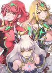  3girls absurdres animal_ears bangs blonde_hair breasts chest_jewel cleavage cleavage_cutout clothing_cutout facial_mark highres large_breasts long_hair low_twintails multiple_girls mythra_(xenoblade) nia_(blade)_(xenoblade) nia_(xenoblade) pyra_(xenoblade) red_eyes red_hair short_hair swept_bangs twintails ug333333 very_long_hair xenoblade_chronicles_(series) xenoblade_chronicles_2 yellow_eyes 