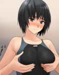  1girl amagami artist_name bangs black_hair black_one-piece_swimsuit blue_one-piece_swimsuit blush breast_grab breast_hold breasts brown_background brown_eyes closed_mouth commentary competition_swimsuit embarrassed grabbing grabbing_own_breast gradient gradient_background hands_on_own_chest highres looking_ahead medium_breasts nanasaki_ai nose_blush one-piece_swimsuit paid_reward_available raised_eyebrows short_hair signature solo sweatdrop swimsuit two-tone_swimsuit upper_body wavy_mouth yoo_tenchi 