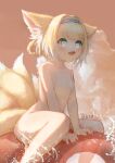  1girl absurdres animal_ear_fluff animal_ears arknights artist_name bangs between_legs blonde_hair blue_eyes blue_hairband blush braid chack520 cloud cloudy_sky collarbone completely_nude feet_out_of_frame flat_chest fox_ears fox_girl fox_tail frills hair_intakes hairband hand_between_legs highres looking_to_the_side medium_hair multicolored_hair multiple_tails nipples nude plaid red_sky signature sitting sky solo splashing suzuran_(arknights) swimsuit tail thighs twin_braids two-tone_hair water wet white_hair 