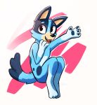  2022 4_fingers anthro blue_body blue_fur bluey_(series) bluey_heeler canid canine canis digital_media_(artwork) domestic_dog enginetrap fingers fur gesture gloves_(marking) leg_markings mammal markings open_mouth open_smile shaded simple_background smile socks_(marking) solo waving 