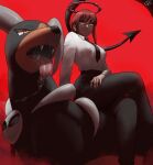  1girl absurdres arm_support belt black_necktie black_pants breasts chainsaw_man closed_mouth crossed_legs crossover echo_saber fangs highres horns houndoom large_breasts makima_(chainsaw_man) necktie pants pokemon pokemon_(creature) red_background red_hair saliva shirt sitting tongue tongue_out white_shirt yellow_eyes 
