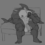  abs anthro balls bed bee_(maybee) big_muscles bluezgooz body_hair chest_hair fish flaccid furniture genitals hi_res male marine muscular muscular_male nipple_piercing nipples pecs penis phone piercing shark solo 