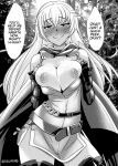  1girl belt blush breasts breasts_out cape dress english_text fingerless_gloves fire_emblem fire_emblem:_the_binding_blade forest gloves greyscale highres igrene_(fire_emblem) large_breasts long_hair looking_at_viewer monochrome nature nipples nose_blush outdoors pinup_(style) puffy_nipples r-e-l-o-a-d smile solo speech_bubble thighhighs wavy_mouth 
