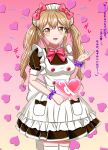  absurdres alternate_costume apron at-home_cafe bang_dream! bangs blush bow bowtie breasts brown_bow brown_dress brown_eyes collared_dress commentary copyright_name crossover dress english_text enmaided frilled_apron frills gradient gradient_background hair_bow hair_ornament heart heart_background highres holding holding_heart ichigaya_arisa light_brown_hair logo long_hair looking_at_viewer maid maid_apron maid_headdress medium_breasts open_mouth pink_background pink_bow pink_bowtie pocket puffy_short_sleeves puffy_sleeves purple_scrunchie scrunchie sho_(shou_ma7) short_sleeves sleeve_cuffs solo thighhighs translated twintails white_apron white_headdress white_thighhighs wrist_scrunchie x_hair_ornament zettai_ryouiki 