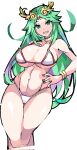 1girl arm_behind_back bikini breasts curvy enpe green_eyes green_hair hand_on_hip highres kid_icarus kid_icarus_uprising large_breasts long_hair narrow_waist palutena simple_background smile solo swimsuit thighs white_bikini wide_hips 