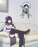  1boy 1girl black_thighhighs blue_hair braid breasts chibi chibi_inset cleavage commentary_request couch genshin_impact hair_ornament hat highres japanese_clothes kid_taped_to_wall_(meme) kimono long_sleeves meme ooyun purple_eyes purple_kimono raiden_shogun scaramouche_(genshin_impact) thighhighs twitter_username wanderer_(genshin_impact) 