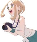  1girl :d belt blonde_hair blurry camera green_eyes green_pants green_wristband happy highres holding holding_camera open_mouth pants pokemon pokemon_(game) pokemon_xy shirt sleeveless sleeveless_shirt smile solo teeth todo_(wthmw) tongue upper_teeth viola_(pokemon) white_background white_belt white_shirt wristband 