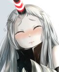  1girl abyssal_ship ankoku_kishi_m bare_shoulders blush claws closed_eyes closed_mouth colored_skin commentary_request facing_viewer gradient gradient_background grey_background grey_hair highres horns kantai_collection long_hair pale_skin seaport_princess simple_background single_horn solo sweat tears upper_body white_background white_skin 