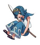  1girl :d blue_eyes blue_hair blue_pants blue_sailor_collar blush bright_pupils commentary_request elizabeth_(tomas21) fishing_rod flip-flops full_body hairband lana_(pokemon) looking_at_viewer one-piece_swimsuit open_mouth pants pokemon pokemon_(game) pokemon_sm sailor_collar sandals shirt short_hair simple_background sleeveless sleeveless_shirt smile solo swimsuit swimsuit_under_clothes wave_print white_background white_pupils white_shirt yellow_hairband 