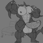  abs anthro balls bed bee_(maybee) big_balls big_muscles bluezgooz body_hair broken_bed chest_hair fish flexing furniture genitals growth hi_res huge_muscles male marine muscle_growth muscular muscular_male nipple_piercing nipples pecs penis piercing shark sleeping solo vein veiny_penis 