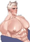  1boy abs absurdres animal_ears artist_name bara blue_eyes blush highres inverted_nipples large_pectorals looking_to_the_side male_focus manboobs manly mature_male muscular muscular_male nipples original pectorals short_hair signature simple_background solo spiked_hair sweat sweatdrop white_background won_(won_uom) 