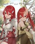  2girls armor armored_boots armored_dress bangs bare_shoulders belt boots breastplate brown_belt brown_gloves commission cordelia_(fire_emblem) day detached_sleeves dress english_text fingerless_gloves fire_emblem fire_emblem_awakening gauntlets gloves hair_between_eyes hair_ornament hand_on_own_arm happy haru_(nakajou-28) long_hair looking_at_another mother_and_daughter multiple_girls pauldrons red_dress red_eyes red_hair severa_(fire_emblem) shoulder_armor sitting thighs twintails 