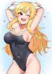  absurdres ass_visible_through_thighs bangs bare_hips bare_shoulders blonde_hair blue_eyes blue_one-piece_swimsuit blush breasts cleavage collarbone covered_navel cowboy_shot heart highleg highleg_swimsuit highres idolmaster idolmaster_cinderella_girls long_hair looking_at_viewer mabanna medium_breasts ohtsuki_yui one-piece_swimsuit one_eye_closed open_clothes open_mouth school_swimsuit sidelocks smile swept_bangs swimsuit taut_clothes taut_swimsuit 