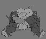  abs anthro balls bed bee_(maybee) big_muscles bluezgooz body_hair chest_hair feet fish flaccid furniture genitals growth hi_res male marine masturbation muscle_growth muscular muscular_male nipple_piercing nipples pecs penis piercing shark sleeping solo 