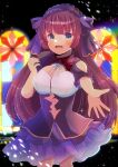  1girl :d bangs black_bow black_dress blue_bow blue_eyes blush bow breasts cleavage commentary_request commission dress fang hairband kou_hiyoyo long_hair looking_at_viewer medium_breasts original puffy_short_sleeves puffy_sleeves purple_bow red_hair red_hairband short_sleeves skeb_commission smile solo stained_glass very_long_hair 