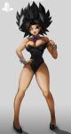  1girl ;d absurdres animal_ears big_hair black_eyes black_hair black_leotard breasts caulifla detached_collar dragon_ball dragon_ball_super elite_nappa fake_animal_ears full_body hand_on_hip high_heels highres large_breasts leotard necktie one_eye_closed playboy_bunny purple_necktie rabbit_ears smile solo spiked_hair standing tongue tongue_out wrist_cuffs 