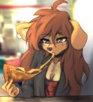  5_fingers anthro apogee_(tinygaypirate) black_nose blurred_background breasts brown_body brown_eyes brown_fur brown_hair canid canine canis choker cleavage clothed clothing cowlick domestic_dog ear_piercing eating eating_food eating_pizza eyebrow_through_hair eyebrows eyelashes facial_markings facial_piercing female fingers floppy_ears food fur furgonomics furry-specific_piercing gauged_ear hair hair_over_eye head_markings hi_res holding_food holding_object inner_ear_fluff jacket jewelry long_hair looking_down mammal markings mottled mottled_nose muzzle_piercing necklace nose_piercing one_eye_obstructed pepperoni pepperoni_pizza piercing pink_nose pizza shadow shirt solo spitz tinygaypirate topwear translucent translucent_hair tuft 
