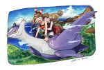  2girls :d bangs bare_arms bike_shorts bike_shorts_under_shorts black_shirt border bracelet brown_hair cloud commentary_request dated day elizabeth_(tomas21) grey_eyes hug hug_from_behind jewelry latias long_hair may_(pokemon) mega_latias mega_pokemon multiple_girls open_mouth outdoors pleated_skirt pokemon pokemon_(creature) pokemon_(game) pokemon_oras pokemon_xy red_skirt riding riding_pokemon serena_(pokemon) shirt shorts sitting skirt sky sleeveless sleeveless_shirt smile white_border white_shorts 