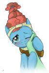 2019 anon beehive_(hairstyle) blue_body blush digital_drawing_(artwork) digital_media_(artwork) earth_pony equid equine female feral friendship_is_magic green_body green_skin hair hasbro hi_res horse human humanoid_hands jh looking_at_viewer male male/female mammal meadowbrook_(mlp) my_little_pony offscreen_character one_eye_closed petting pony red_hair simple_background smile solo teal_eyes white_background 
