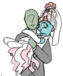  2018 ?_face anon armwear beehive_(hairstyle) blue_body blush bridal_carry canon_x_oc carrying clothed clothed_feral clothing digital_media_(artwork) digital_painting_(artwork) dress duo earth_pony elbow_gloves equid equine female feral friendship_is_magic gloves green_body green_eyes green_skin grin handwear hasbro horse human interspecies jh male male/female mammal married_couple meadowbrook_(mlp) my_little_pony no_pupils pony signature simple_background smile suit wedding_dress wedding_veil white_background 