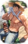  1boy abs bar_censor bara belt black_hair censored clothes_lift denim erection facial_hair gloves grass hat highres jeans large_pectorals large_penis leather leather_belt looking_at_viewer male_focus manboobs manly mature_male mosaic_censoring muscular muscular_male nipples null_qq orange_eyes original pants pectorals penis river road shirt_lift short_hair smile solo sparkle spiked_hair straw_hat stubble sweat sweatdrop tank_top thick_arms thick_thighs thighs unzipped water 