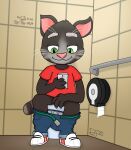  anthro bathroom belt bottomwear bottomwear_down clawed_fingers clothed clothing danfitz29 domestic_cat felid feline felis green_eyes holding_object holding_phone looking_at_object looking_at_phone male mammal pants pants_down partially_clothed phone phone_number public_restroom red_clothing restroom_stall smile solo talking_friends talking_tom toilet toilet_use 