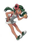  1girl :q bangs berry_(pokemon) commentary_request dark-skinned_female dark_skin elizabeth_(tomas21) flower footwear_ribbon full_body green_eyes green_footwear green_hair green_headband green_ribbon grey_overalls headband holding long_hair mallow_(pokemon) overall_shorts overalls pink_flower pink_shirt pokemon pokemon_(game) pokemon_sm ribbon shirt shoes simple_background sitrus_berry solo swept_bangs tongue tongue_out twintails two-tone_footwear white_background white_footwear 