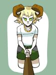 anthro baseball_bat bat_(object) blonde_hair bottomwear bovid bovid_horn caprine caprine_horn chain clothed clothing digital_media_(artwork) fingers fur goat goat_ears gold_(metal) gold_chain gold_jewelry green_bottomwear green_clothing green_eyes green_shorts hair holding_object holding_weapon horn jammedvhs jewelry looking_at_viewer malcolm_(nyta) male mammal melee_weapon narrowed_eyes necklace ram_horn shirt shorts simple_background solo standing t-shirt topwear weapon white_body white_clothing white_fur white_shirt white_t-shirt white_topwear 