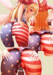  1girl american_flag_dress american_flag_legwear ass blonde_hair cleft_of_venus clownpiece dress fairy_wings from_behind grinding hands_on_ass hands_on_own_ass hat highres jester_cap kaabon_meshi legacy_of_lunatic_kingdom long_hair polka_dot red_eyes short_sleeves smile solo star_(symbol) star_print striped touhou wings 