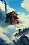  1girl bad_link blue_sky cloud cloudy_sky dragon eastern_dragon female_child flying genel_jumalon haku_(sen_to_chihiro_no_kamikakushi) highres ogino_chihiro red_shorts scenery sen_to_chihiro_no_kamikakushi shorts sky smoke studio_ghibli 