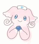  audino berry berry_(pokemon) blue_eyes closed_mouth commentary_request elizabeth_(tomas21) hat highres holding looking_at_viewer no_humans oran_berry pokemon pokemon_(creature) smile solo white_headwear 