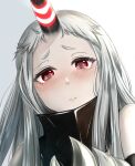  1girl abyssal_ship ankoku_kishi_m bare_shoulders blush claws colored_skin commentary_request crying gradient gradient_background grey_background grey_hair highres horns kantai_collection long_hair pale_skin seaport_princess simple_background single_horn solo tears upper_body white_background white_skin 