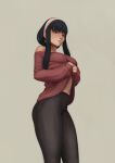  1girl bangs black_hair black_leggings black_pants blunt_bangs breasts closed_mouth clothes_lift earrings feet_out_of_frame gold_earrings grey_background hairband highres jewelry kris_null leggings lifted_by_self lips long_hair looking_at_viewer medium_breasts navel off-shoulder_sweater off_shoulder pants pink_hairband red_eyes red_sweater sidelocks simple_background sleeves_past_wrists smile solo spy_x_family sweater sweater_lift yor_briar 