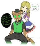  1boy 1girl animal_ears arm_warmers bangs black_pants black_shirt blonde_hair english_text five_nights_at_freddy&#039;s green_eyes green_vest hat highres himuhino japanese_clothes mizuhashi_parsee multicolored_clothes pants pointy_ears popgoes popgoes_the_weasel sash scarf shirt short_sleeves tail top_hat touhou vest weasel_ears weasel_tail white_sash white_scarf 