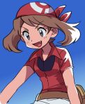  1girl :d bandana bangs brown_hair collared_shirt commentary_request day elizabeth_(tomas21) eyelashes fang fanny_pack grey_eyes happy looking_down may_(pokemon) open_mouth outdoors pokemon pokemon_(game) pokemon_rse red_bandana red_shirt shirt short_sleeves skirt sky smile solo white_skirt yellow_bag 