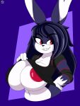 anthro bangs big_breasts blue_body blue_fur breast_squish breasts cleavage clothed clothing clothing_lift female fur hair hand_on_hip hi_res huge_breasts lagomorph leporid long_ears long_hair mammal multicolored_body multicolored_fur navel nipples nr_ac rabbit red_eyes red_nipples sharp_teeth shirt shirt_lift side_swept_bangs solo squish stardust teeth topwear two_tone_body two_tone_fur white_body white_fur 