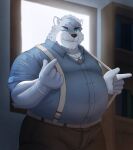  2022 absurd_res anthro arkross1999 belly big_belly bottomwear canid canine canis clothing detailed_background hi_res humanoid_hands inside kemono male mammal one_eye_closed overweight overweight_male pants shirt solo suspenders topwear wink wolf 
