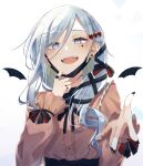  1girl blue_eyes blue_hair hair_ornament heart heart_hair_ornament highres hinomori_shizuku long_hair long_sleeves looking_at_viewer mask mole mole_under_mouth mouth_mask open_mouth project_sekai solo tagme teeth vampire vampire_(vocaloid) wanderlands_k white_background wings 