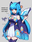  1girl :d bare_shoulders blue_hair blue_nails breasts cleavage_cutout clothing_cutout detached_sleeves dress hand_fan highres holding holding_fan kyogre large_breasts light_blush long_hair looking_at_viewer open_mouth orange_eyes personification pokemon sidelocks smile solo touyarokii 