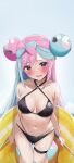  1girl bikini bikini_top_only black_bikini blue_hair bow-shaped_hair breasts character_hair_ornament hair_ornament highres iono_(pokemon) large_breasts lifebuoy long_hair looking_at_viewer low-tied_long_hair multicolored_hair pink_eyes pink_hair pokemon pokemon_(game) pokemon_sv rouka_(akatyann) sharp_teeth swimsuit teeth twintails two-tone_hair very_long_hair 