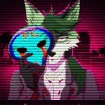  80&#039;s_theme animated canid canine canis creepy_smile fenriet fox fur gold_(metal) gold_jewelry green_body green_fur hair hybrid jewelry kudo_redfox_(character) low_res mammal maniac mask ponytail serial_killer smile suit_jacket vaporwave wolf 