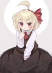  1girl ahoge ascot black_skirt black_vest blonde_hair blush collared_shirt hair_ribbon highres huge_ahoge kibisake long_sleeves open_mouth red_ascot red_eyes red_ribbon ribbon rumia shirt short_hair simple_background skirt solo touhou vest white_background white_shirt 